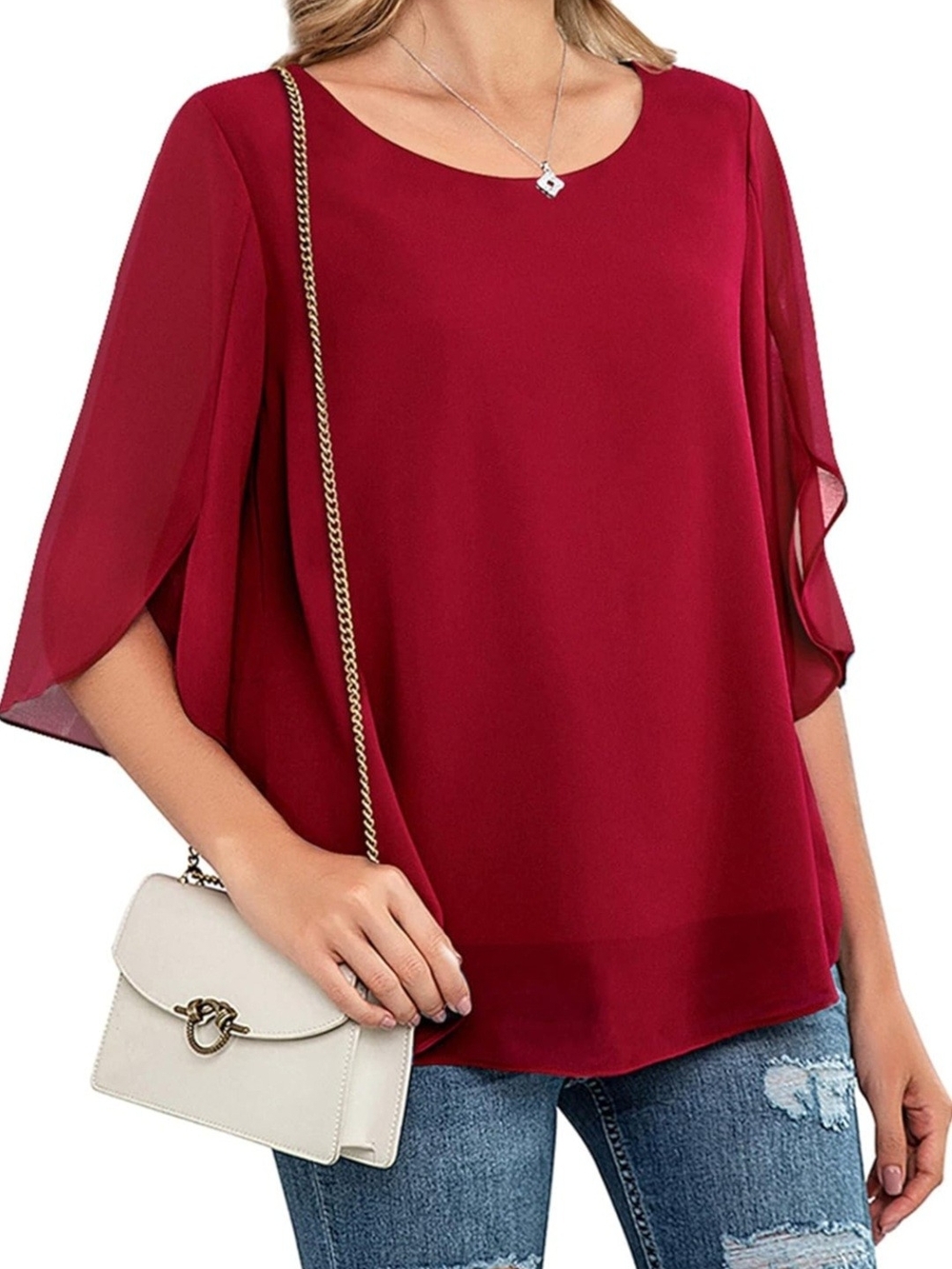 Women's Deep Red Chiffon Tunic Top with Elbow Sleeves